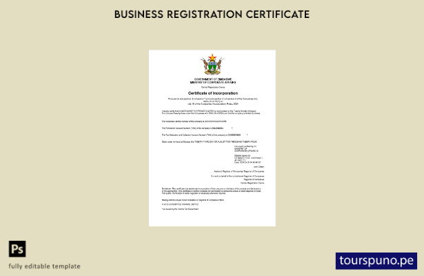 listo para imprimir certificado de registro empresarial de Zimbabwe Plantilla de